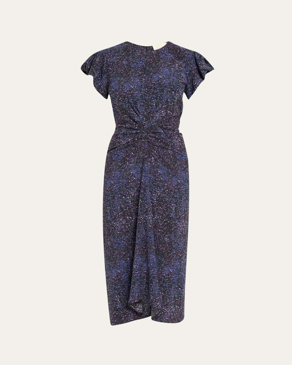Terena Mosaic Stretch Silk Puff-Sleeve Midi Dress